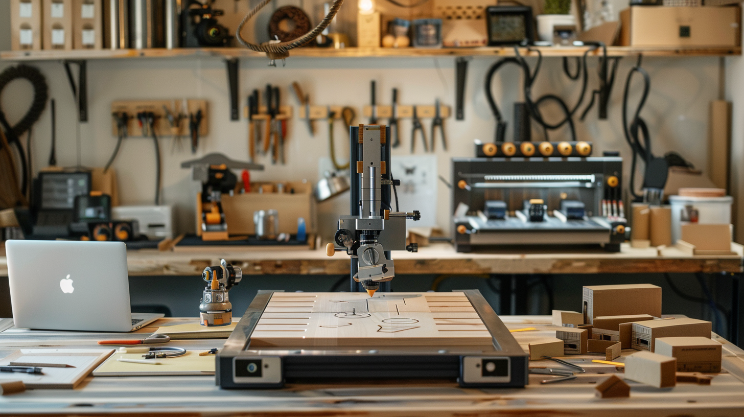 Laser engraver in a clean small business workshop with wood and acrylic products on the worktable